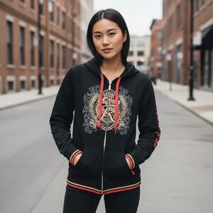 Ecko Red Embroidered Crest Rhinestones Zip Hoodie – Fits S/M– Y2K Streetwear